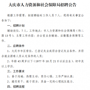 黑龍江大慶市人力資源和社會保障局招聘7人公告